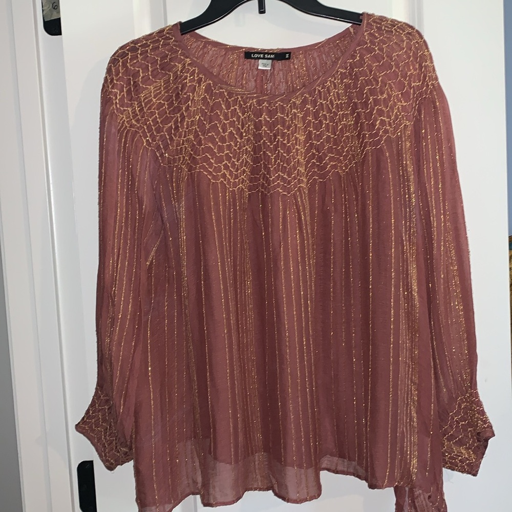 Anthropologie Love Sam smocked blouse metallic gold thread M EUC
